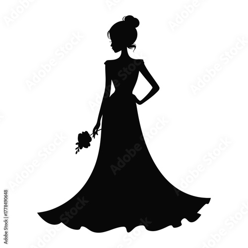 Elegant silhouette of a bride in a wedding dress holding a bouquet