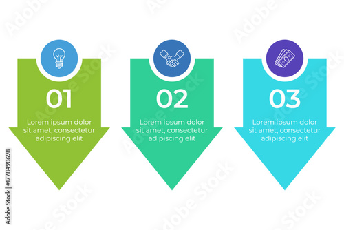 Infographic highlighting three key steps for achieving success in business strategy. Each step represented with icons and arrows guiding viewer through process