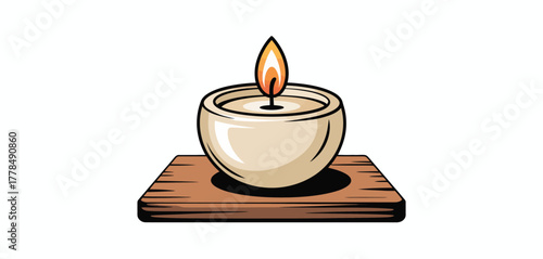 Hand drawn illustration of a lit candle in a ceramic holder on a wooden base