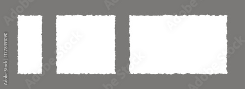 Set of paper frame with jagged edges. Square and rectangle torn paper sheet collection. Ripped page template background for poster, text box, banner, collage, sticker, collage. Vector backdrop pack