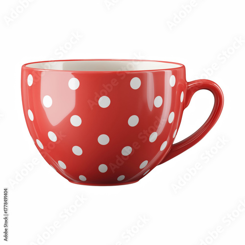 Red ceramic cup with white polka dots isolated on transparent background.
