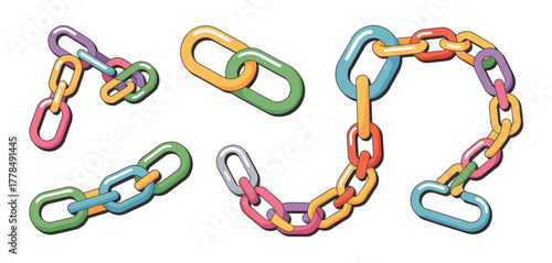 Colorful interlocking plastic chain links in various arrangements