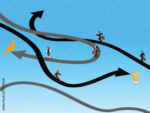 Isometric Business People Racing on Intertwined Arrow Paths Towards Goals 3d vector illustration