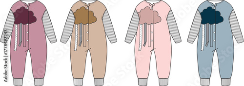 Set of colorful overall skirt technical flat illustrations. Back view of a classic dungaree pinafore dress for fashion design and apparel mockups