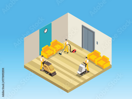 Isometric Janitorial Team Cleaning Office Lobby Floor with Professional Equipment 3d vector illustration