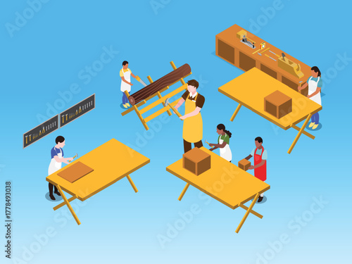 Isometric Woodworking Workshop with Carpenters Working on Furniture and Timber 3d vector illustration