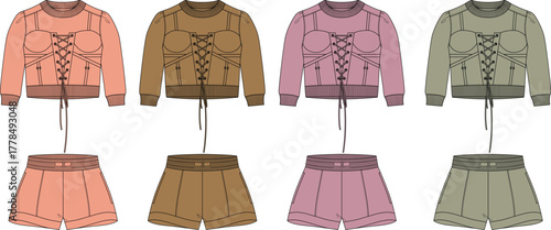 Fashionable lingerie set in four color variations, featuring a cropped top with lace-up detail and matching shorts