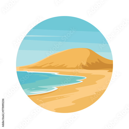 Circular illustration of a sandy beach meeting turquoise ocean water with a large dune in the background