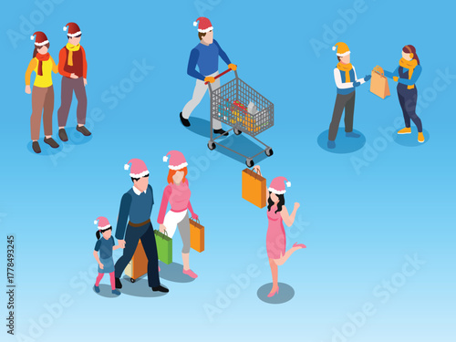 Isometric People Shopping for Gifts During the Christmas Holiday Season 3d vector illustration