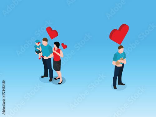 Isometric Comparison of Family Love and Pet Owner Love with Heart Symbols 3d vector illustration