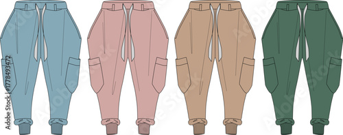 Fashionable and versatile flat lay illustration of casual cargo joggers, showcasing a collection of comfortable men's or women's sweatpants in a spectrum of trendy colors for modern apparel design