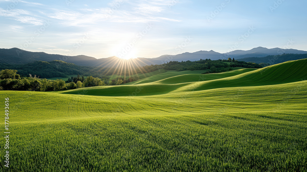 Obraz premium Lush green hills bathed in warm sunlight create serene landscape at sunset