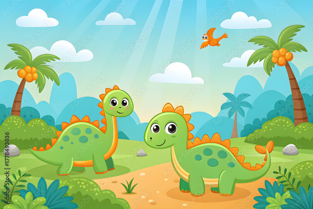 Obraz premium Two Green Cartoon Dinosaurs in a Sunny Prehistoric Landscape
