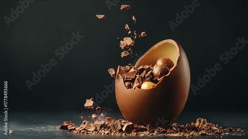 Chocolate egg bursting open with colorful candy eggs and chocolate shavings flying in all directions, Levitation, perfect for Easter celebrations or dessert promotions