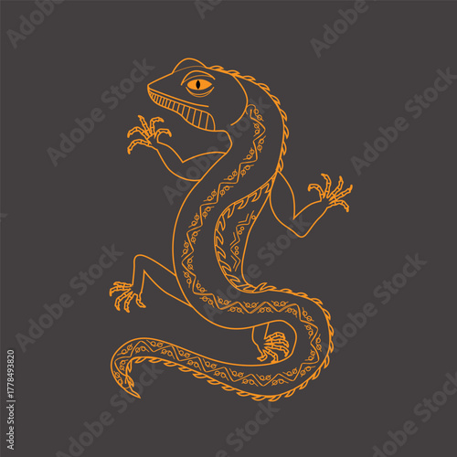 Stylized southwestern lizard in boho tribal style. Vector line art design. Clean thin lines. Dark background