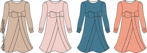 Set of vector fashion flat templates for a girl's dress with long sleeves and a large bow, presented in multiple color options