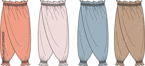 Fashion flats showcasing multiple color variations of women's casual loose-fit pants with elastic waistbands and gathered cuffs, ideal for relaxed wear designs