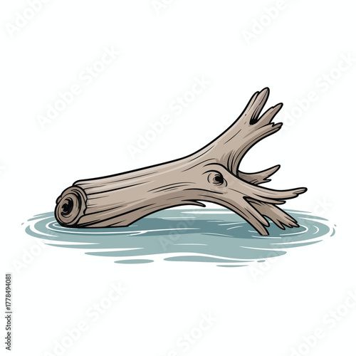 Illustration of a weathered driftwood log floating on water