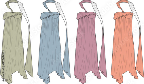 A vibrant collection of gracefully flowing sleeveless dresses, each featuring an elegant ruffled neckline in varied pastel hues, perfect for contemporary feminine fashion and diverse style expressions