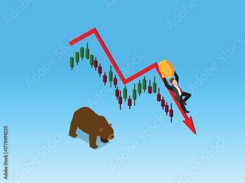 Isometric Bear Market Collapse with Businessman Falling Down Red Financial Arrow 3d vector illustration