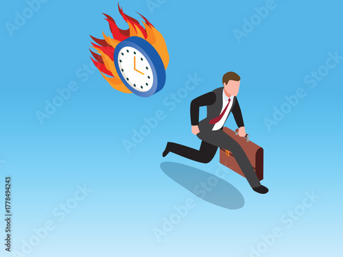 Isometric Businessman Running Away from Burning Clock Symbolizing Deadline Pressure 3d vector illustration