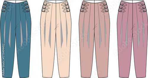 Fashionable vector illustration of various pants designs in diverse colors, showcasing stylish trousers