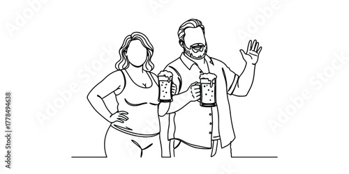 Minimalist one-line drawing of a man and woman holding beer mugs and smiling together. Represents friendship, joy, celebration, and body positivity.
