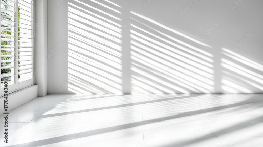 Fototapeta premium Bright sunlight creates shadow lines on white floor from window blinds, enhancing tranquility