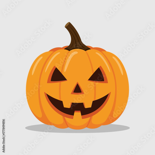 A carved jack-o-lantern with a spooky, grinning face and a stem, isolated on a light gray background, representing Halloween.