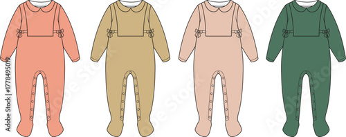 Set of four baby footed pajamas in various colors. Infant onesie sleepsuit fashion flat sketch vector template for clothing design