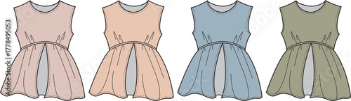 Collection of women's sleeveless fashion flat sketches featuring cinched waists and flowing hemlines in a variety of soft pastel color options for apparel design and illustration