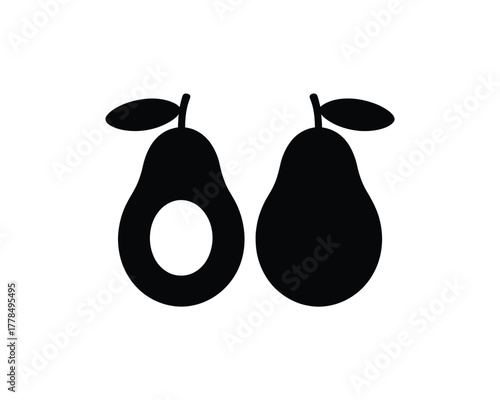 Simple black silhouette of a whole avocado and a halved avocado