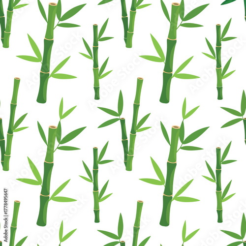 Seamless pattern of green bamboo stalks and leaves on a white background