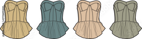 Stylish vector illustration set presenting four distinct strapless peplum tops in an array of earthy and muted color palettes, ideal for modern women's fashion concepts and apparel design projects