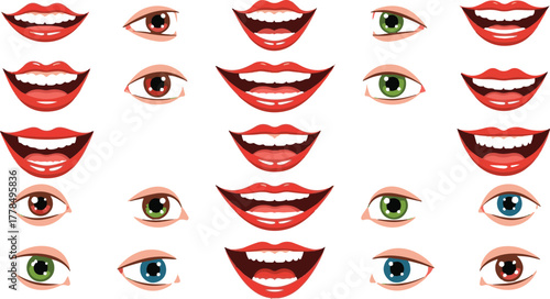 Assorted Cartoon Eyes and Mouths on White Background