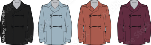Flat vector set showcasing four men's casual coats in black, light blue, terracotta, and burgundy, ideal for fashion design and apparel concepts