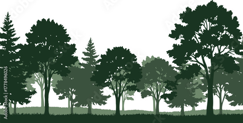 Layered forest silhouette with varying shades of green