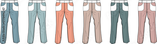 Collection of six different colored sweatpants displayed in a row on a white background