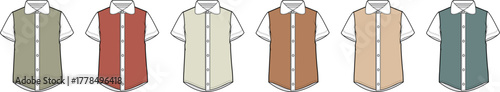 Collection of button-up shirts in various color schemes, perfect for design and apparel projects