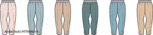 Collection of six light-colored casual sweatpants presented in a row, showcasing a variety of pastel shades for everyday comfort and style