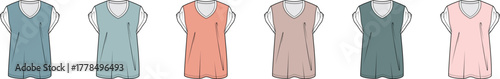 Women's V-neck sleeveless tunic top fashion flat sketch set. Apparel design technical drawing template in multiple colorways