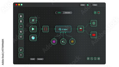Front view of AI automation nodes UI interface on a transparent background. Nodes Workflow 3d.