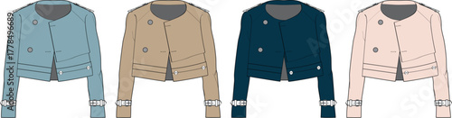 Set of women's biker jackets in four different colors. Fashion technical flat sketch for apparel design and clothing collection