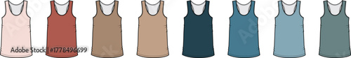 A spectrum of tank tops in various solid colors, showcasing different shades for a versatile wardrobe
