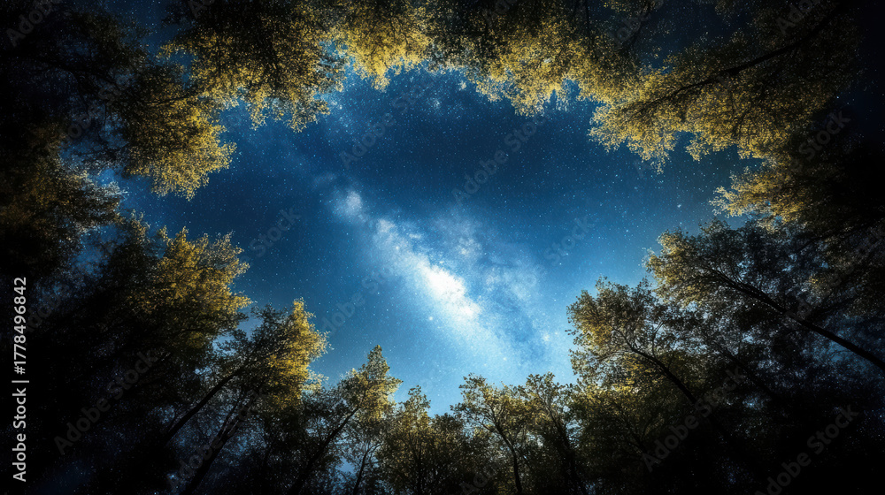 Naklejka premium Majestic trees frame starry sky, creating tranquil atmosphere under Milky Way