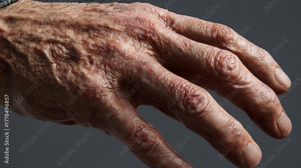 Fototapeta premium The skin on the back of the hand at different ages shows increased blood vessels, wrinkles, and age spots.