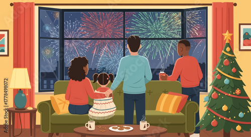 Family Watching New Year Fireworks Cozy Home
