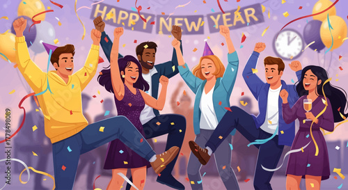 Cartoon Friends Dancing New Year Party
