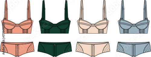 Technical drawings of women's lingerie sets. Featuring diverse bra and panty designs in multiple styles and colors, ideal for fashion design and apparel development
