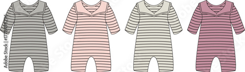 Striped baby onesies in assorted colors pink, grey, beige, and taupe, showcasing delicate garment details for infants